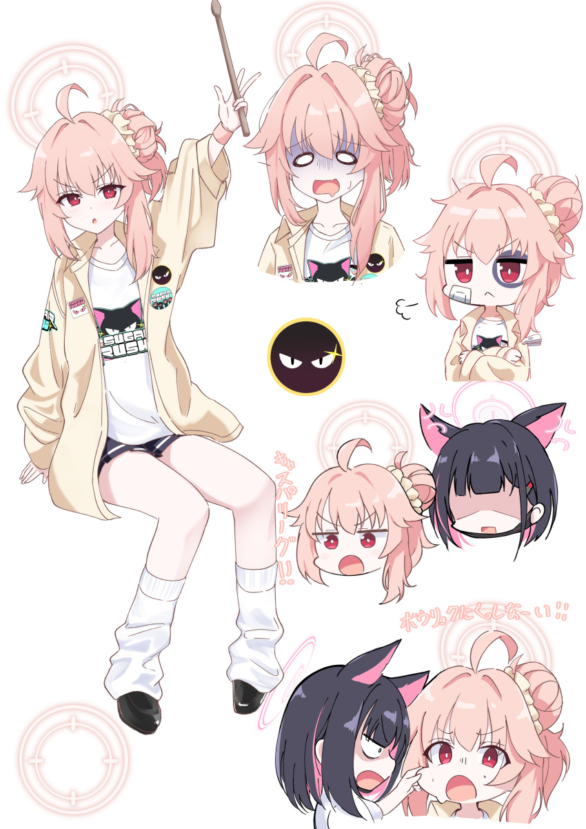 2girls, absurdres, ahoge, anger_vein, animal_ears, black_footwear, black_hair, black_mask