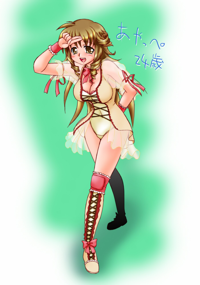 alternate_hairstyle, boots, breasts, brown_eyes, brown_hair, drill_hair, enomoto_aya, large_breasts