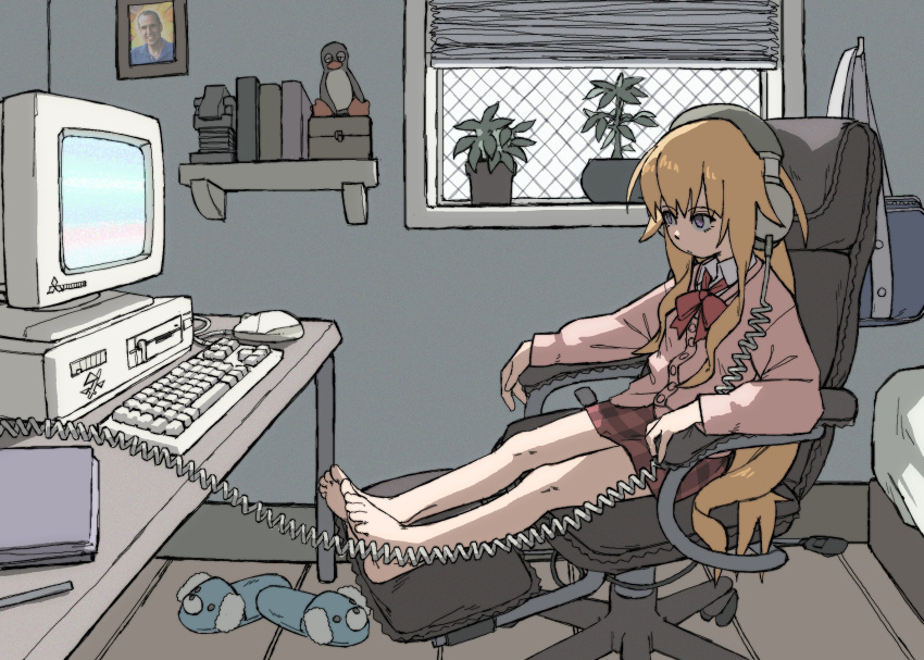 1girl, :/, ahoge, bag, barefoot, bed, bird, blonde_hair