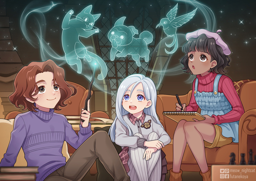 1boy, 2girls, black_hair, blue_eyes, brown_eyes, brown_hair, brown_pants, brown_shorts