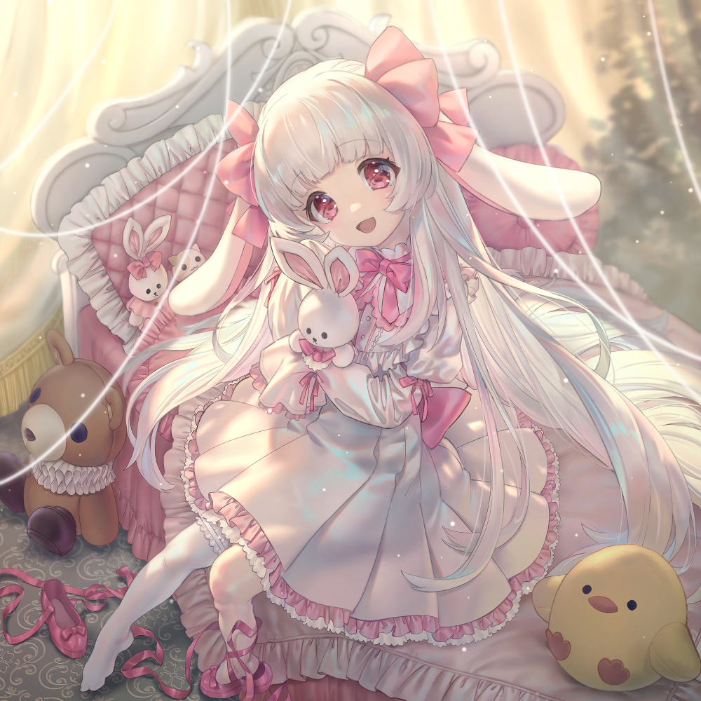1girl, adashi_makoto, animal_ears, bed, dress, feet, head_tilt, holding