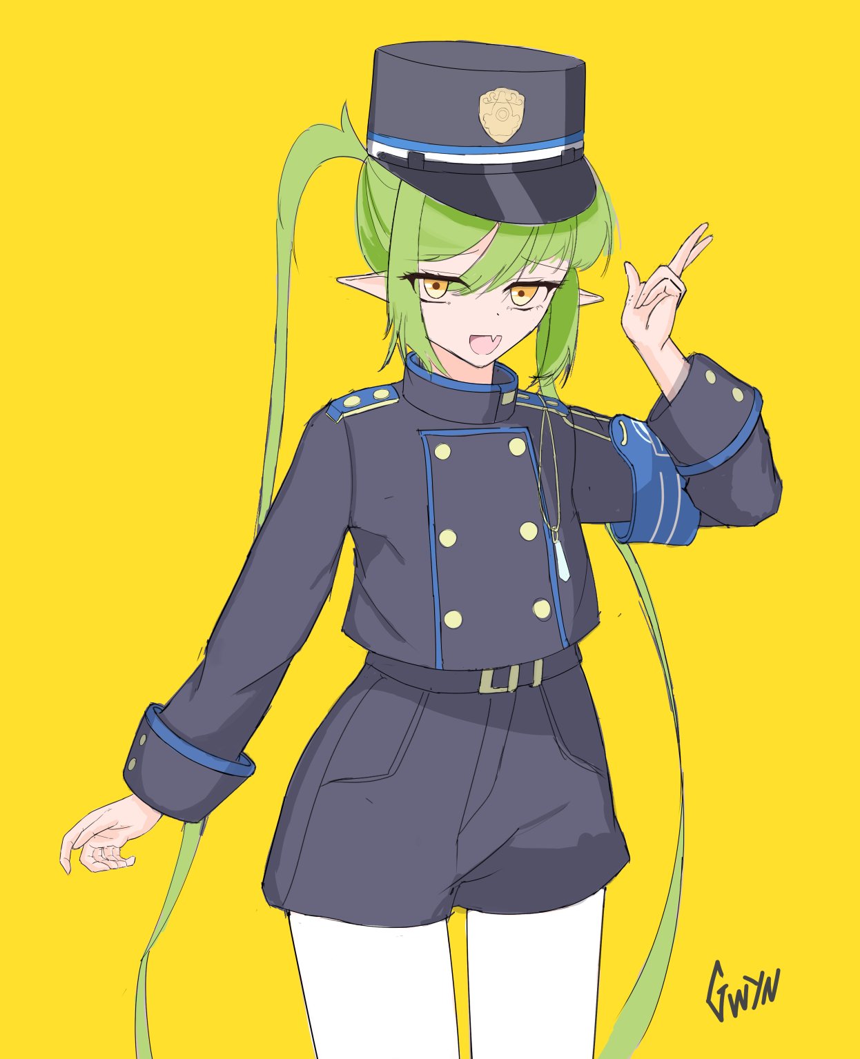 1girl, black_jacket, black_shorts, blue_archive, green_hair, gwyn_rtrd, hat, highres
