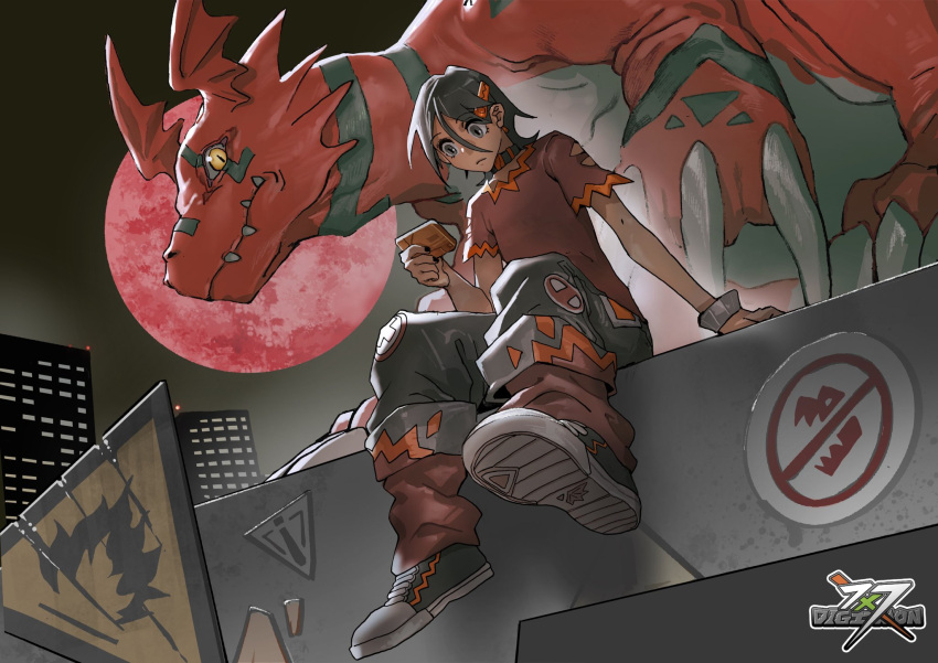 ambiguous_gender, black_choker, black_footwear, black_hair, black_nails, black_pants, black_stripes, blue_eyes, bly_mead, bracelet, bridge, building, choker, claws, colored_skin, concrete, controller, digimon, digimon_(creature), dinosaur, fangs, fingernails, guilmon, guilmon_x-antibody, hair_between_eyes, hand_on_ground, highres, holding, holding_controller, jewelry, logo, looking_at_object, loose_pants, monster, moon, nail_polish, orange_trim, outdoors, pants, patch, red_moon, red_pants, red_shirt, red_skin, shirt, shoes, short_hair, sign, sitting, sky, slit_pupils, sneakers, striped_skin, warning_sign, wing_ears, yellow_eyes