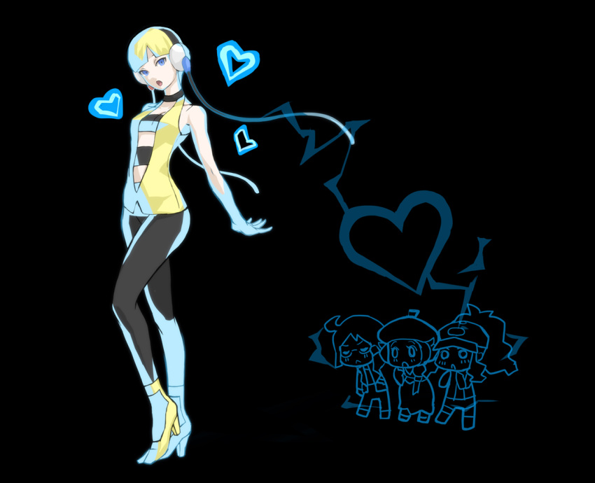 bare_shoulders, bel_(pokemon), bell_(pokemon), blonde_hair, blue_eyes, bob_cut, cable, cheren_(pokemon), choker, electric_bolt, electricity, glasses, gym_leader, halterneck, hat, headphones, hearts, high_heels, kamitsure_(pokemon), midriff, open_mouth, pantyhose, pokemon, pokemon_(game), pokemon_black_and_white, pokemon_bw, shoes, short_hair, simple_background, tontan, touko_(pokemon), vest