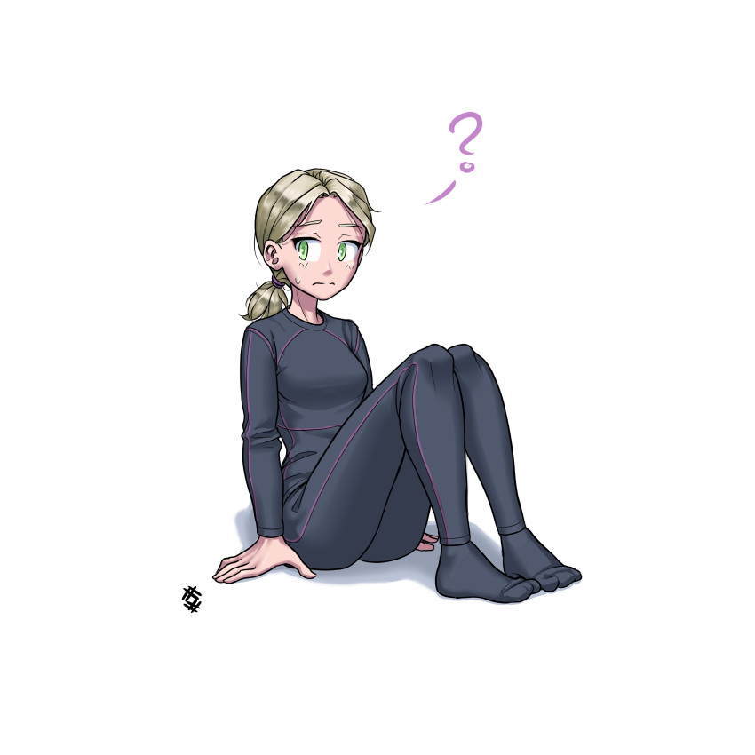 1girl, ?, absurdres, arm_rest, artist_logo, black_leggings, black_shirt, black_socks