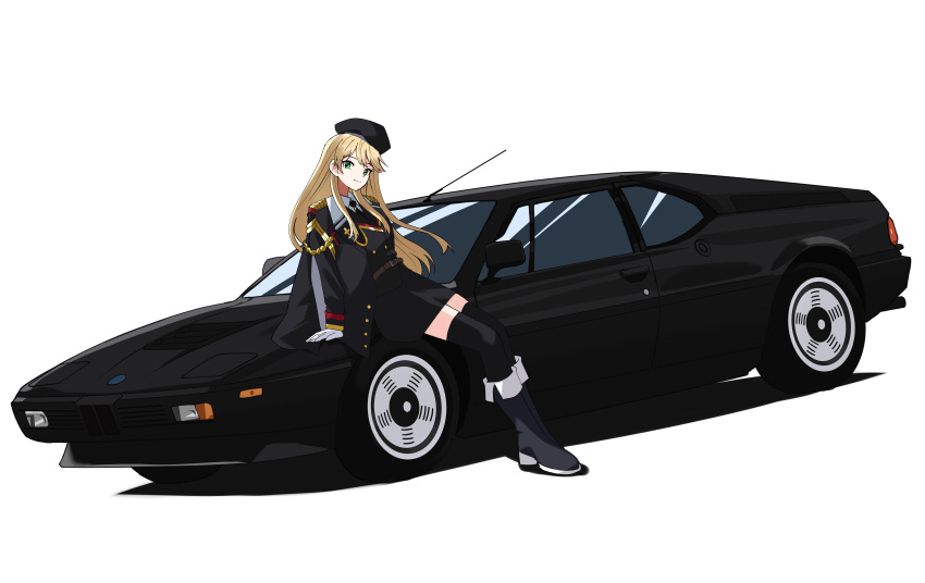 absurdres, beret, black_beret, black_car, black_coat, blonde_hair, bmw, bmw_m1, boots, car, coat, commission, commissioner_upload, girls_frontline, gloves, green_eyes, hat, highres, leaning_on_object, long_hair, looking_at_viewer, military_uniform, motor_vehicle, necktie, skeb_commission, smile, stg44_(girls'_frontline), stg44_(mod3)_(girls'_frontline), thigh-highs, uniform, vehicle_focus, very_long_hair, white_gloves, zono_(inokura_syuzo029)