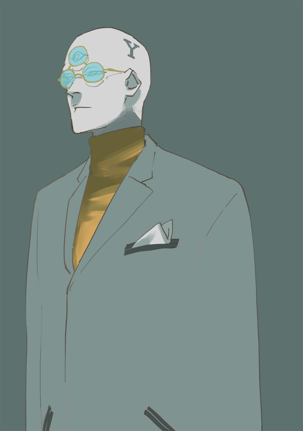 1boy, bald, bleach, bleach:_sennen_kessen-hen, blue-tinted_eyewear, formal, glasses, highres, kubo_tite, lapels, male_focus, notched_lapels, official_alternate_costume, official_art, round_eyewear, royd_lloyd, solo, suit, sweater, third_eye, tinted_eyewear, turtleneck, turtleneck_sweater, yellow-framed_eyewear