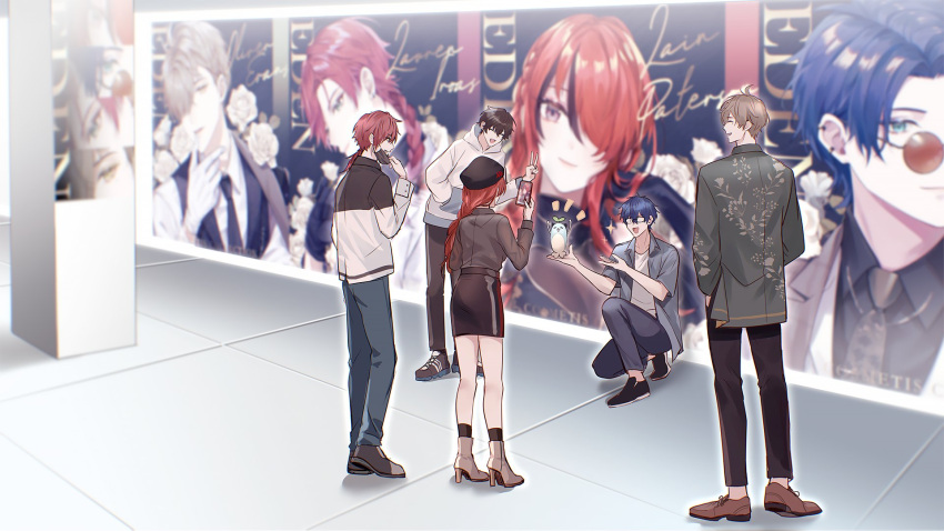 1girl, 4boys, adjusting_mask, ahoge, axia_krone, beret, black_footwear, black_hair