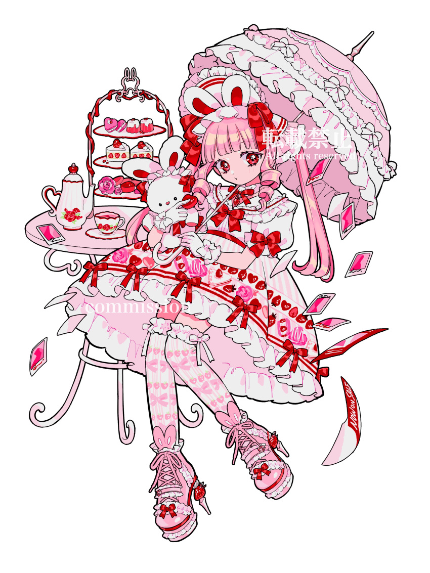 1girl, absurdres, amaharu_wasure, bow, cellphone, commission, cup, dress, floral_print, gothic_lolita, hair_bow, highres, holding, holding_stuffed_toy, holding_umbrella, lolita_fashion, multiple_hair_bows, original, parasol, phone, pink_hair, red_bow, smartphone, solo, stuffed_toy, teacup, teapot, tiered_tray, two-tone_dress, umbrella, white_background, white_dress