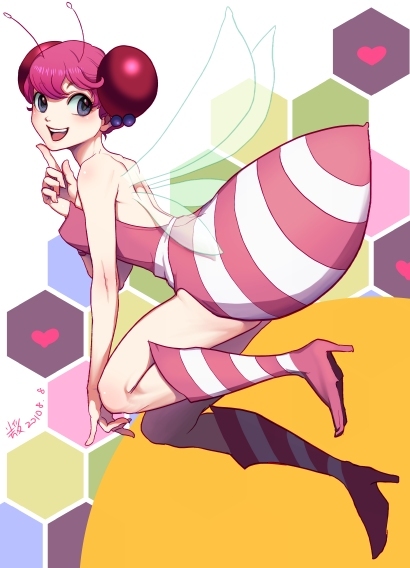 1girl, antennae, bee_girl, blue_eyes, boots, bug_tte_honey, hair_bobbles, hair_ornament