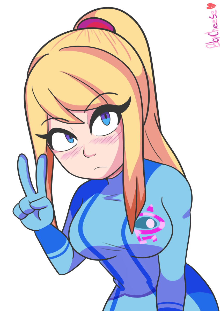 1girl, absurdres, artist_name, bbycheese, blonde_hair, blue_bodysuit, blue_eyes, blush