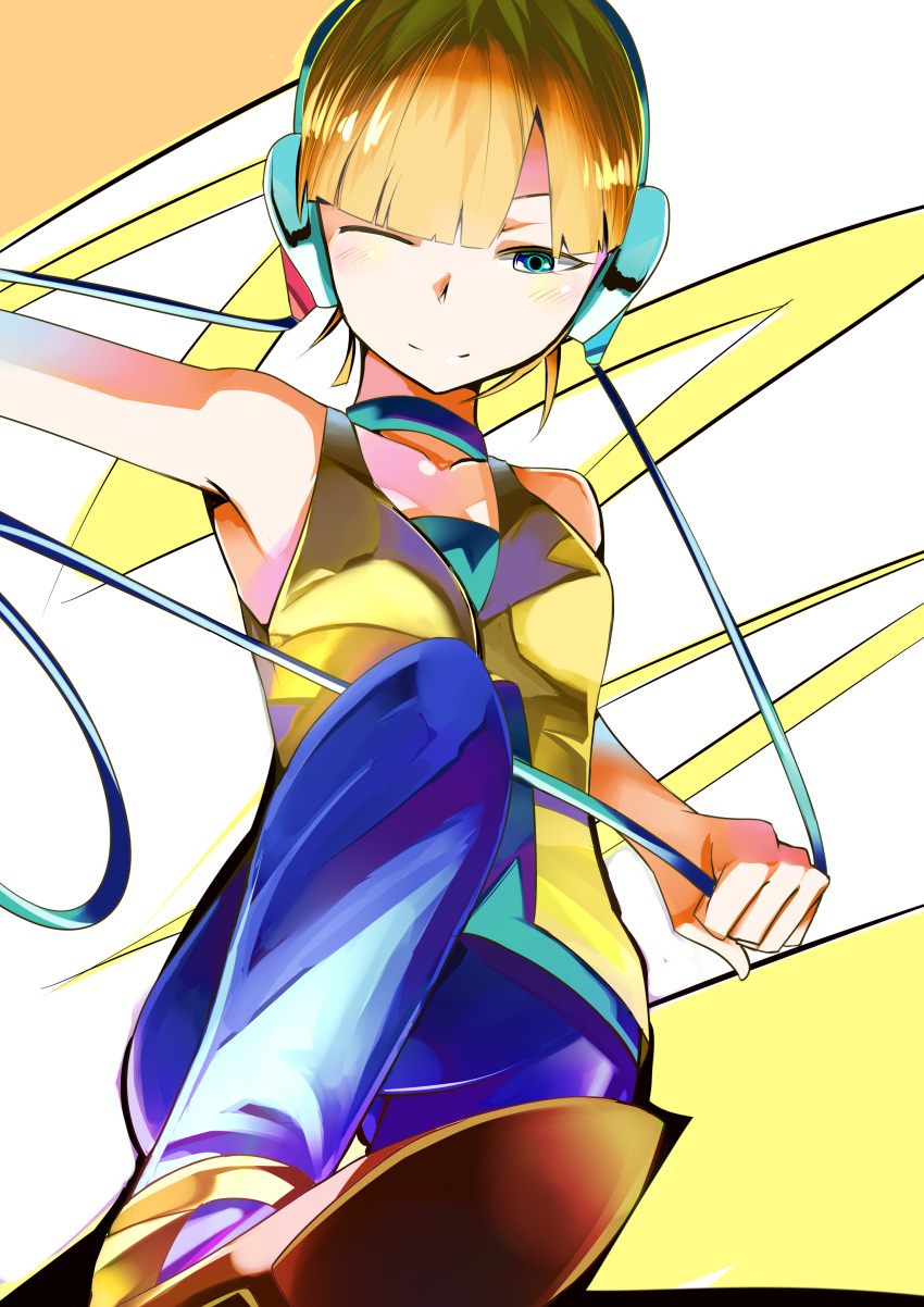 bare_shoulders, blonde_hair, blue_eyes, bob_cut, cable, choker, colored_eyelashes, electric_bolt, foreshortening, gym_leader, halterneck, headphones, high_heels, highres, kamitsure_(pokemon), pantyhose, pokemon, pokemon_(game), pokemon_black_and_white, pokemon_bw, shoes, smile, solo, unichiri, vest, wink