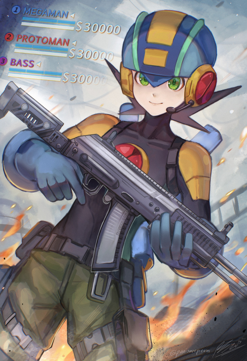 1boy, absurdres, assault_rifle, black_bodysuit, blue_helmet, bodysuit, brown_hair, call_of_duty