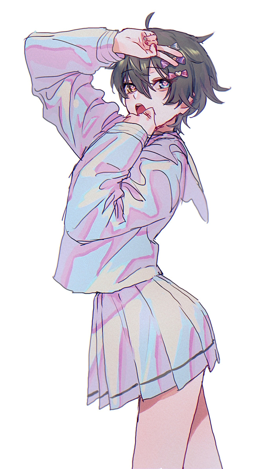 1boy, arm_up, blue_bow, blue_eyes, blue_serafuku, blue_shirt, blue_skirt, bow