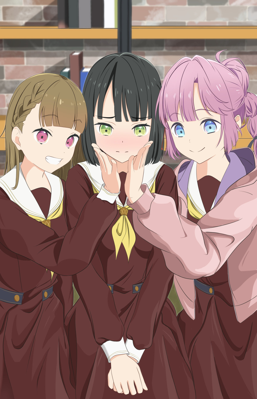 3girls, absurdres, anyoji_hime, black_hair, black_ribbon, blue_eyes, blunt_bangs, blunt_ends