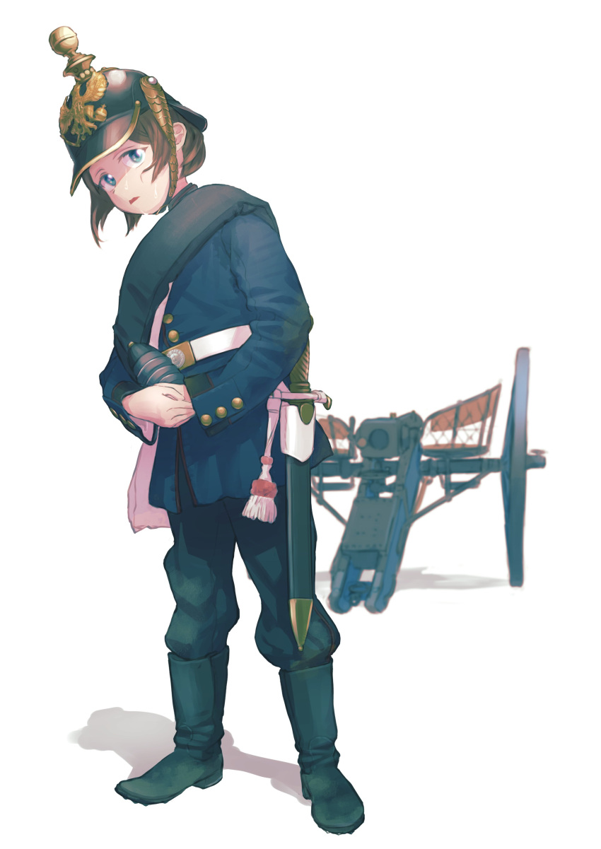 1girl, absurdres, antique_cannon, bag, bayonet, belt, black_footwear, black_pants