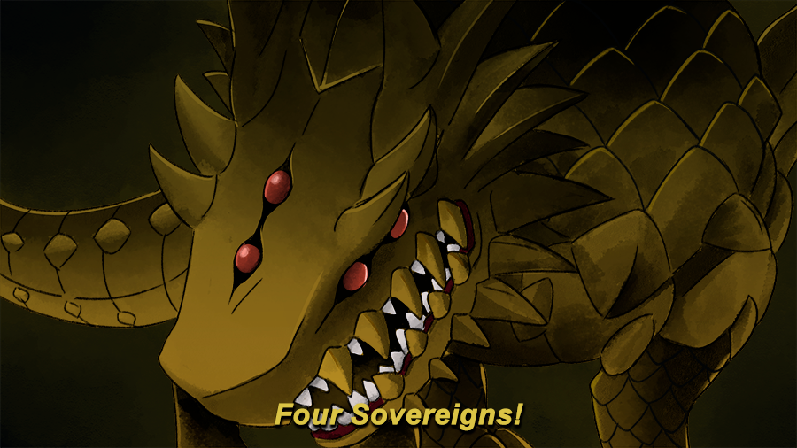 close-up, colored_skin, dark_background, digimon, digimon_(creature), digimon_card_game, dragon, english_text, extra_eyes, gold_skin, huanglongmon, looney_tunes, no_humans, parody, raikodrivaille, red_eyes, sharp_teeth, solo, teeth, yellow_skin