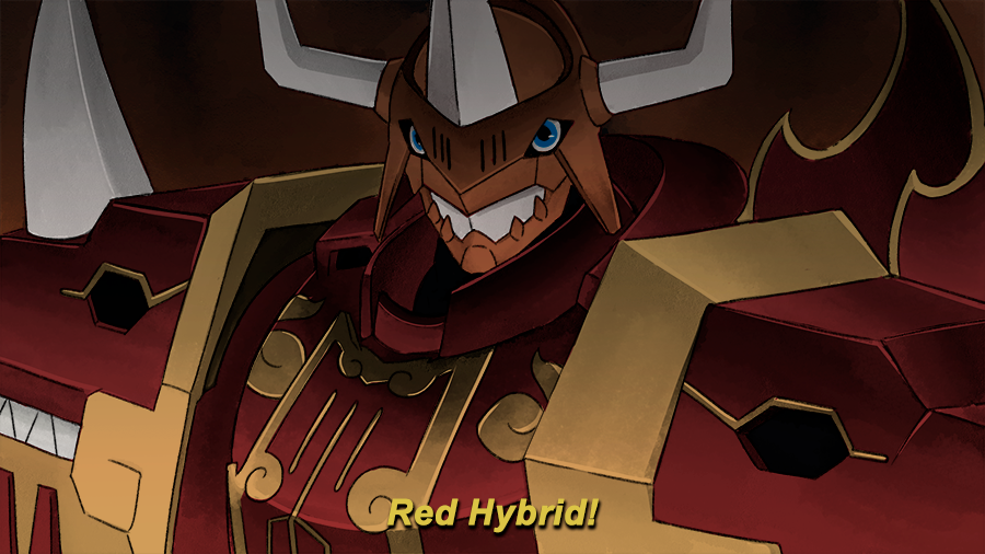 armor, blue_eyes, dark_background, digimon, digimon_card_game, english_commentary, english_text, horns