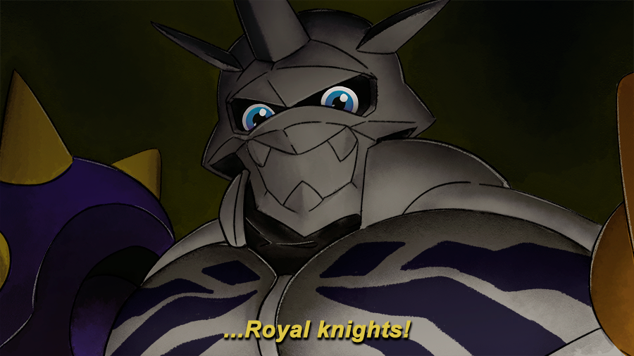armor, blue_eyes, dark_background, digimon, digimon_(creature), digimon_card_game, english_commentary, english_text, looking_at_viewer, looney_tunes, no_humans, omegamon, parody, raikodrivaille, shoulder_armor, solo, spikes, upper_body