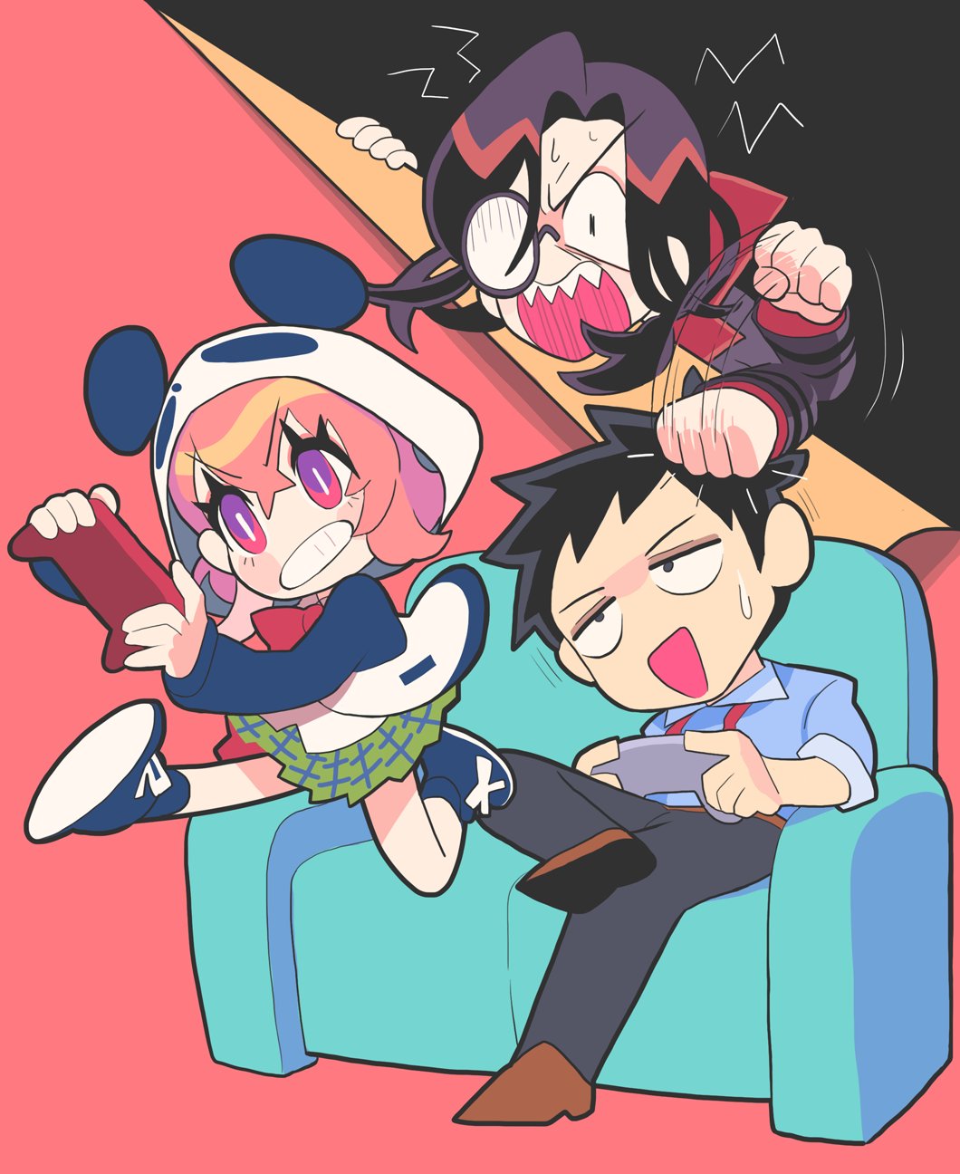 1girl, 2boys, afterimage, animal_hood, black_background, black_eyes, black_hair, black_pants, blue_shirt, blue_sleeves, chibi, clenched_teeth, commentary, constricted_pupils, controller, couch, figure_four_sitting, fourth_wall, full_body, gashi-gashi, green_skirt, head_tilt, high_collar, highres, hitting, holding, holding_controller, hood, hood_up, hoodie, jumping, lanyard, long_hair, long_sleeves, midair, monocle, motion_lines, multiple_boys, nijisanji, on_couch, open_mouth, panda_hood, pants, pink_hair, playing_games, pleated_skirt, red_background, sasaki_saku, sasaki_saku_(1st_costume), serious, sharp_teeth, shellin_burgundy, shellin_burgundy_(1st_costume), shirt, shoes, short_hair, shout_lines, simple_background, skirt, small_sweatdrop, smile, symbol-only_commentary, tareme, teeth, v-shaped_eyebrows, virtual_youtuber, white_hoodie, white_shirt, yashiro_kizuku, yashiro_kizuku_(1st_costume)