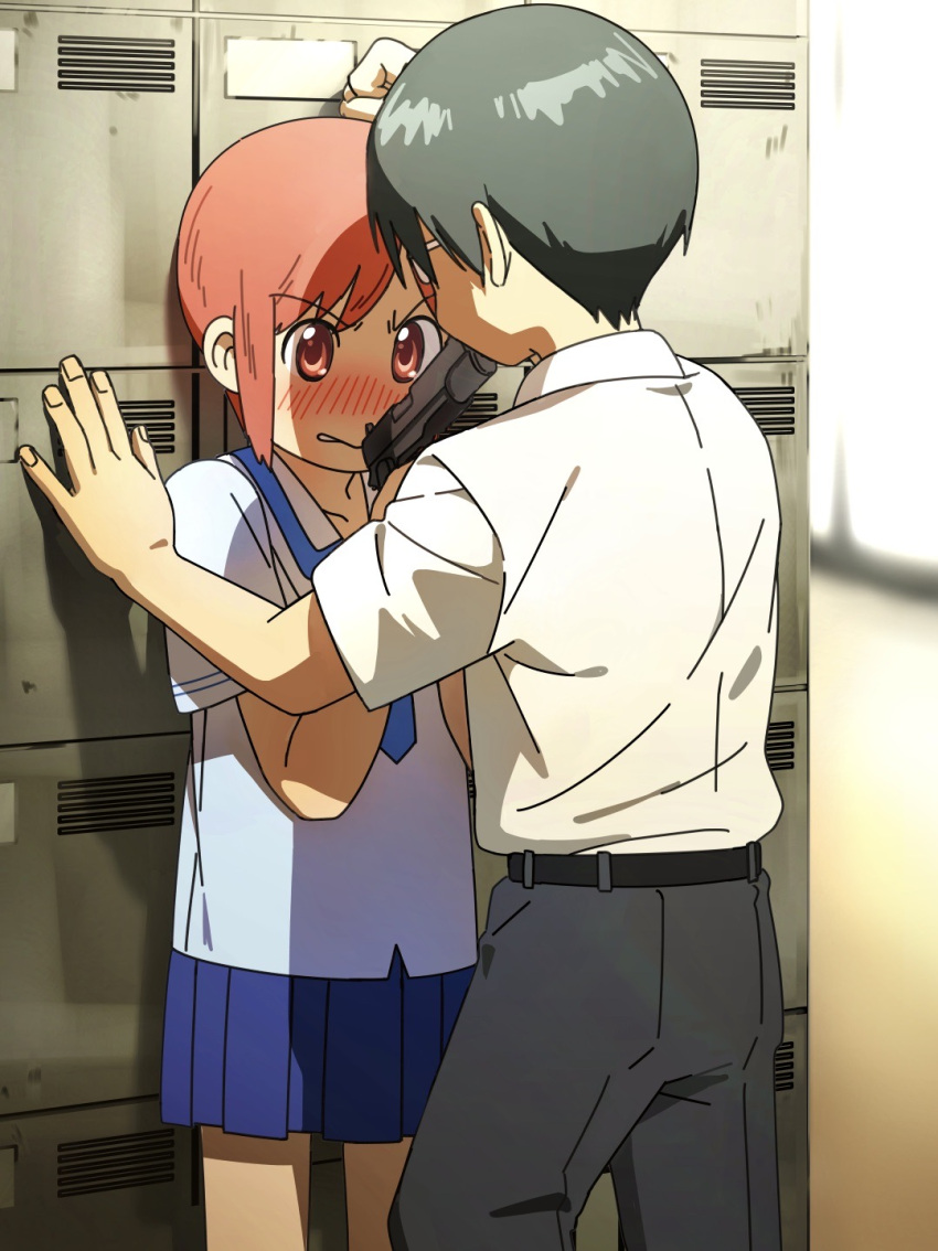 1boy, 1girl, against_locker, aiming, belt, black_belt, black_hair, black_pants