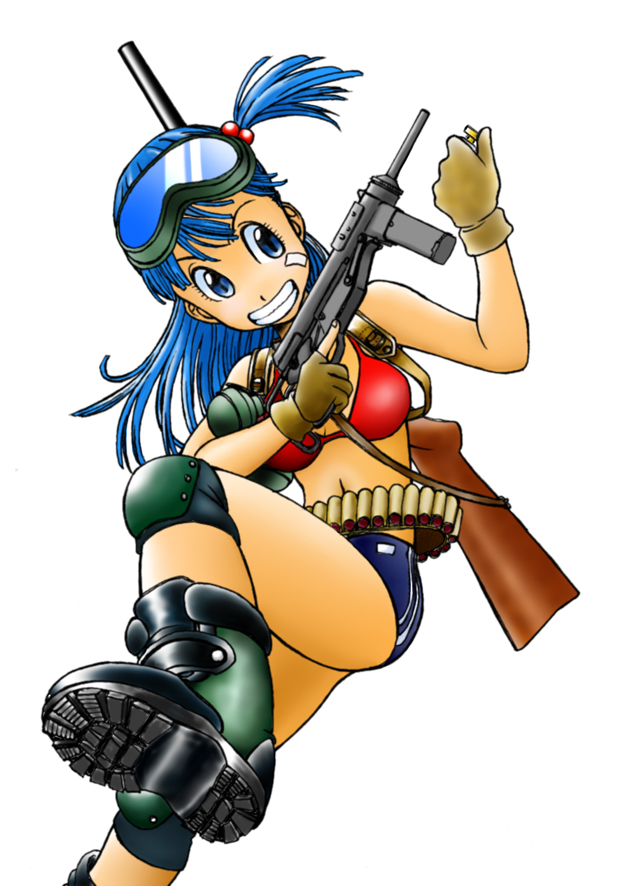 bikini_top, blue_eyes, blue_hair, boots, bulma, dragon_ball, dragon_ball_z, explosive, fingerless_gloves, gloves, goggles, grenade, grin, gun, knee_pads, m3_greasegun, navel, shotgun, side_ponytail, smile, submachine_gun, trigger_discipline, weapon