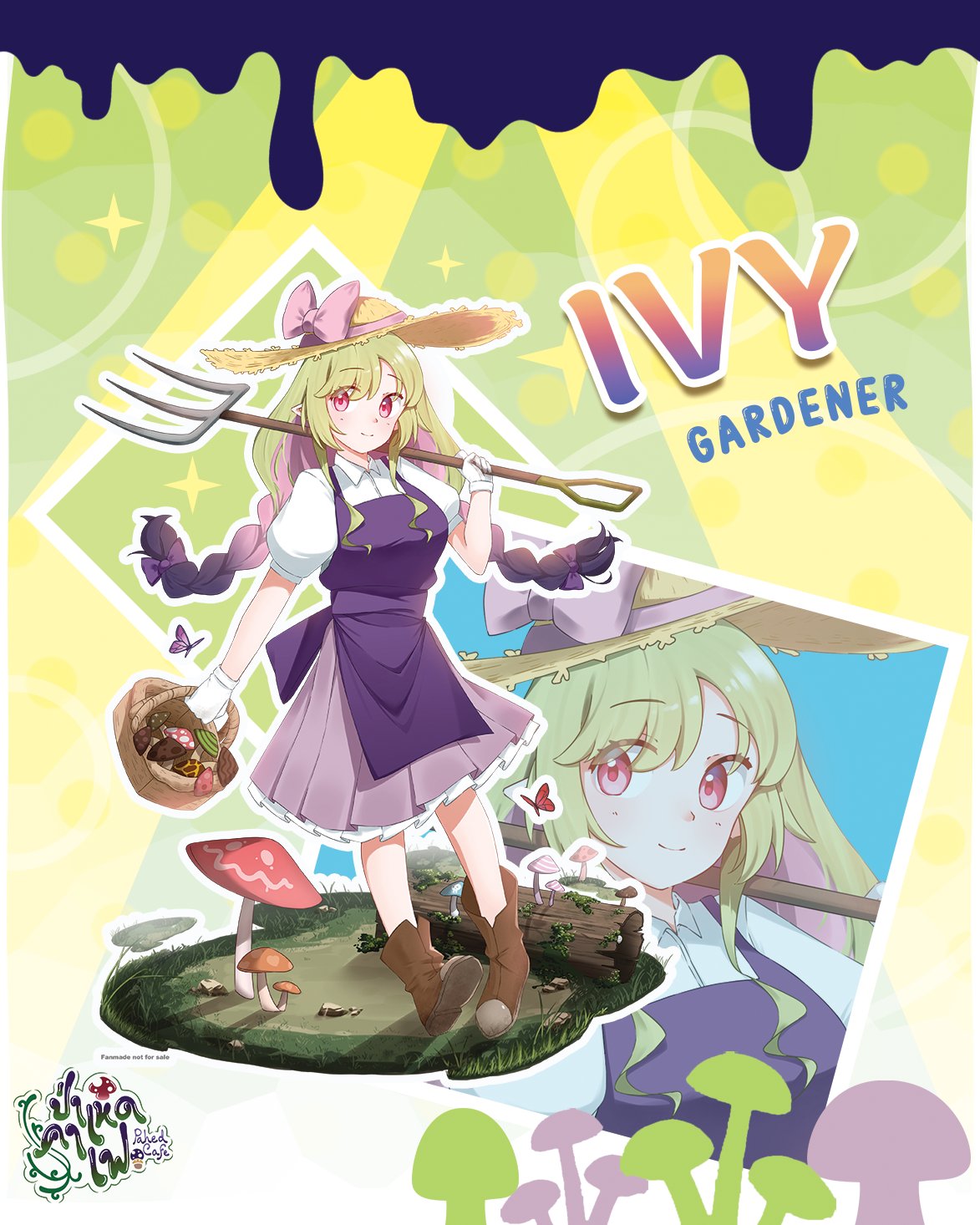 1girl, algorhythm_project, basket, black_hair, boots, bow, braid, breasts, closed_mouth, green_hair, guy_ghostsy, hair_bow, hat, highres, holding, holding_basket, ivy_(algorhythm_project), long_hair, medium_breasts, multicolored_hair, mushroom, pink_bow, pointy_ears, red_eyes, second-party_source, shirt, skirt, smile, solo, thai_text, twin_braids, virtual_youtuber, white_shirt