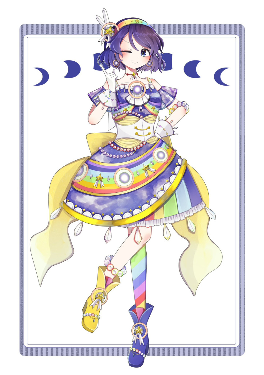 1girl, alternate_costume, anklet, asymmetrical_footwear, asymmetrical_legwear, back_bow, bare_shoulders, blue_footwear, blue_hair, boots, bow, bracelet, brooch, corset, crescent, crystal_dress, crystal_hair_ornament, dress, earrings, frilled_dress, frills, gloves, hairband, hand_on_own_hip, highres, index_finger_raised, jewelry, kh_s_00, looking_at_viewer, mismatched_footwear, mismatched_legwear, moon_phases, multicolored_clothes, multicolored_hairband, pointing, pointing_up, rainbow_gradient, short_hair, short_sleeves, sky_print, tenkyuu_chimata, touhou, white_gloves, yellow_bow, yellow_footwear