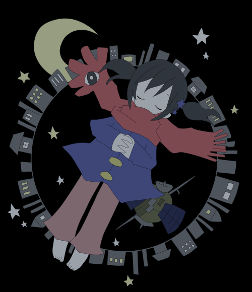 barefoot, black_hair, child, closed_eyes, coat, crescent_moon, flat_color, hair_ornament