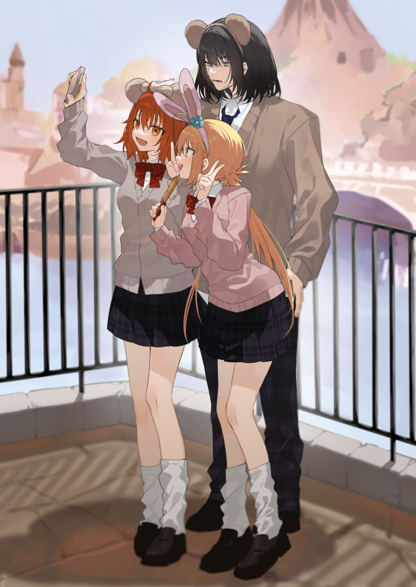 1boy, absurdres, alternate_costume, amusement_park, animal_ear_hairband, animal_ears, artoria_caster_(fate), artoria_pendragon_(fate)