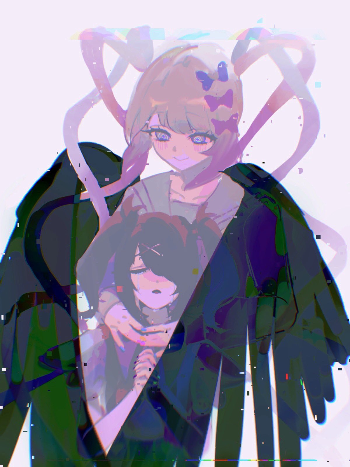 2girls, ame-chan_(needy_girl_overdose), bad_id, bad_twitter_id, black_hair, black_wings, blonde_hair, blue_bow