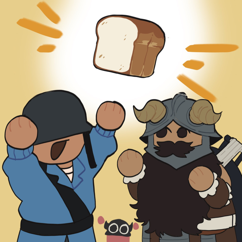 2boys, :d, arms_up, beard, blu_soldier_(tf2), bread, cheering, covered_eyes