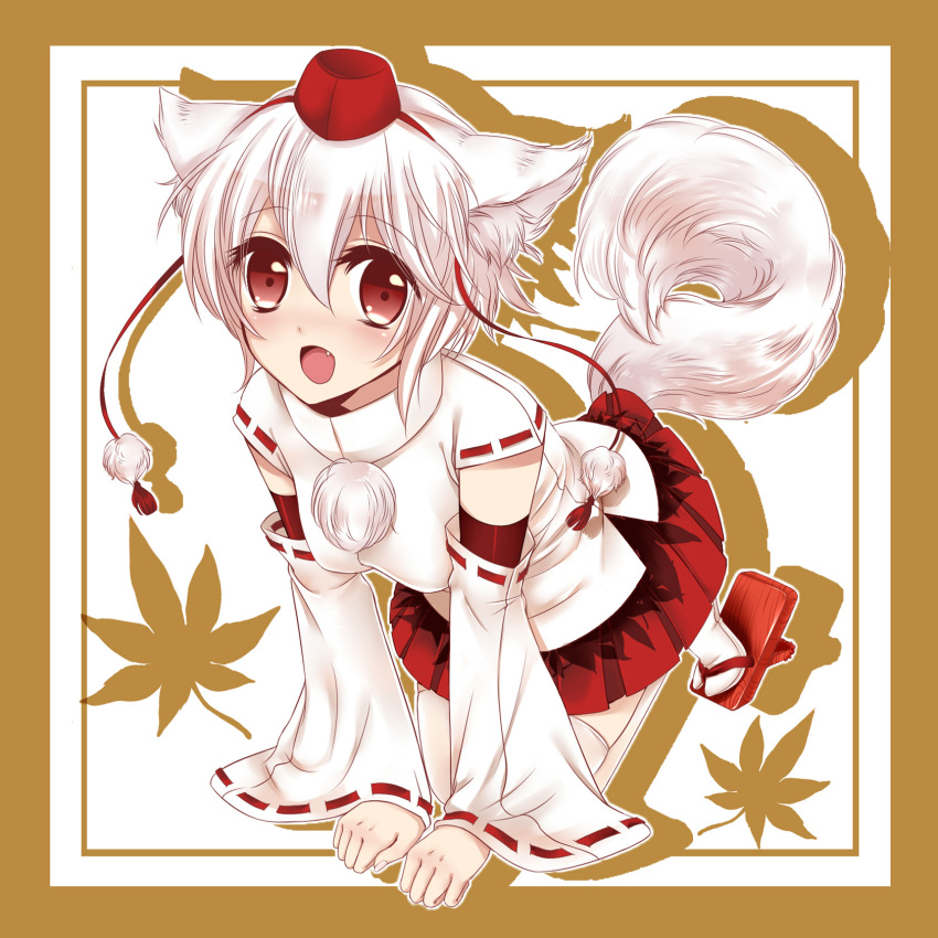 all_fours, animal_ears, blush, detached_sleeves, fang, geta, hat, highres