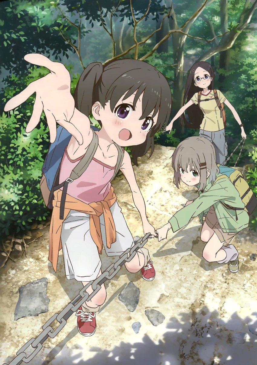 3girls, :d, absurdres, backpack, bag, bare_shoulders, black_hair, blush, brown_hair, chain, collarbone, forest, full_body, glasses, green_eyes, hair_ornament, hairclip, highres, kuraue_hinata, long_hair, looking_at_viewer, multiple_girls, nature, non-web_source, official_art, open_mouth, outdoors, outstretched_arm, outstretched_arms, outstretched_hand, pulling, saitou_kaede_(yama_no_susume), scan, shoes, short_hair, shorts, sleeveless, smile, tree, twintails, violet_eyes, yama_no_susume, yonemori_yuki, yukimura_aoi