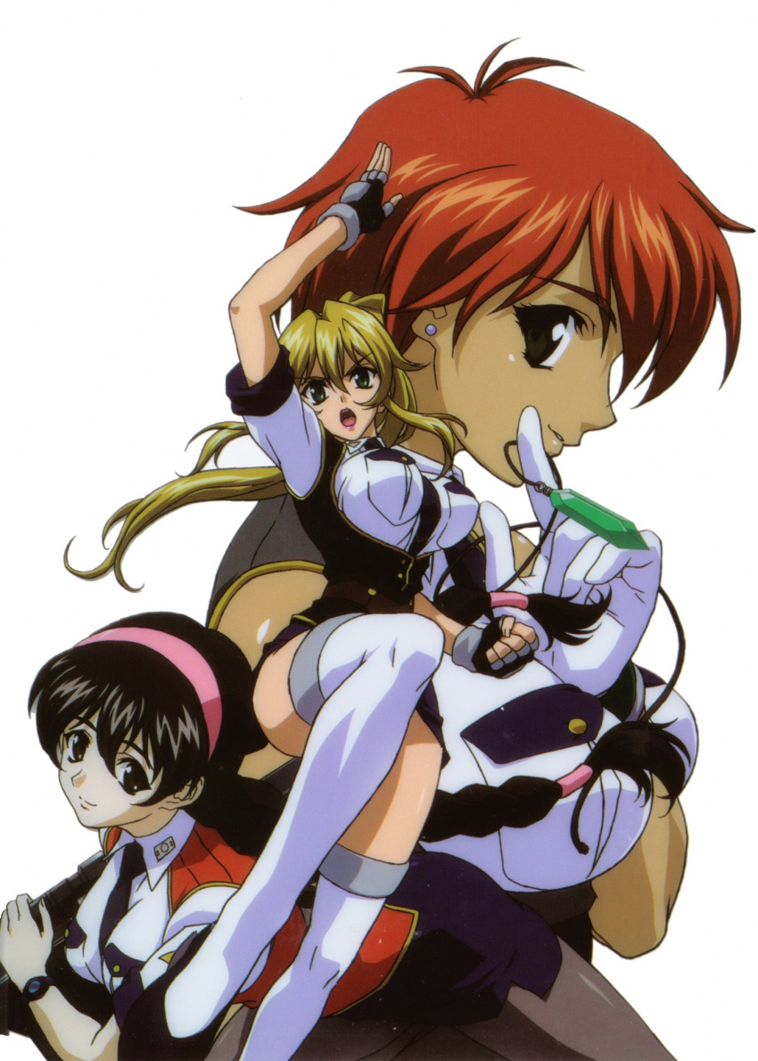 3girls, black_hair, blonde_hair, breasts, burn-up_scramble, dark-skinned_female, dark_skin, hairband