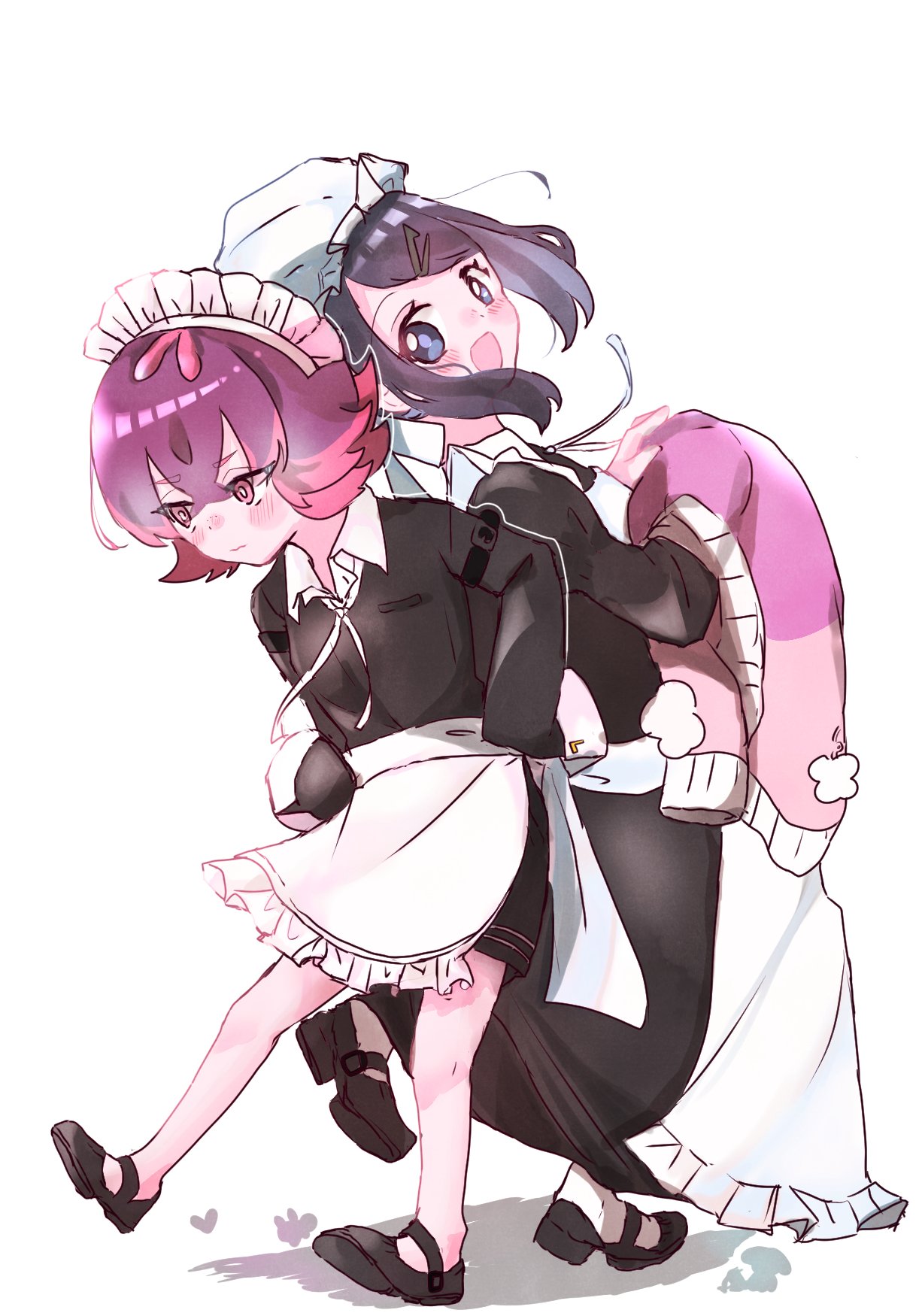 2girls, 3yk0_h, apron, black_dress, black_hair, blue_eyes, blush, closed_mouth