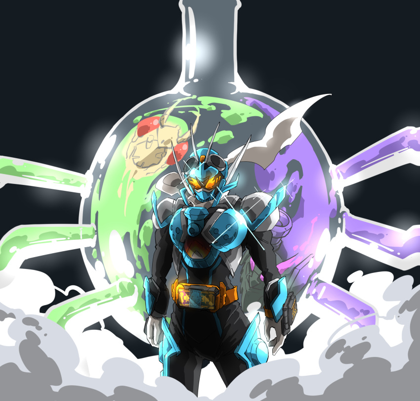 1boy, absurdres, armor, black_bodysuit, blue_armor, bodysuit, chemy, cowboy_shot