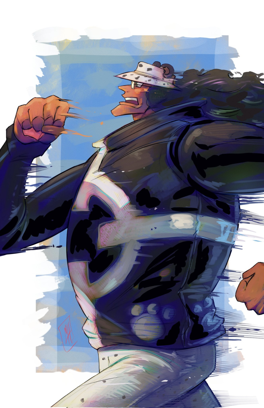1boy, animal_ears, bartholomew_kuma, bear_ears, black_hair, boutsoftheblind, clenched_hands, cowboy_shot