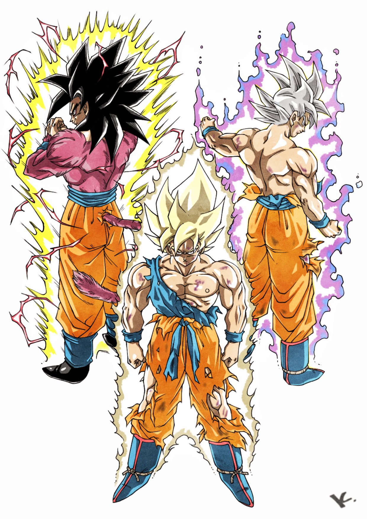 3boys, alternate_color, aura, battle_damage, black_hair, blonde_hair, blue_shirt, body_fur