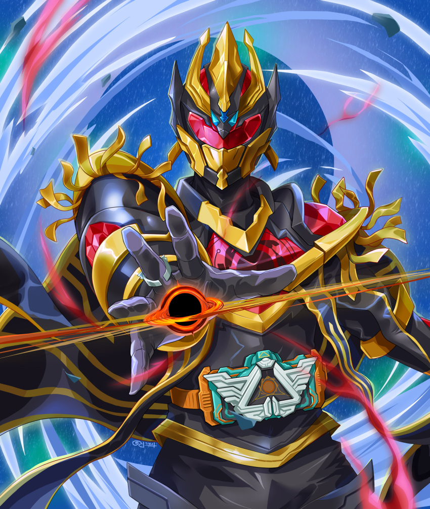 1boy, absurdres, alchemisdriver, armor, black_armor, black_background, black_hole, cape