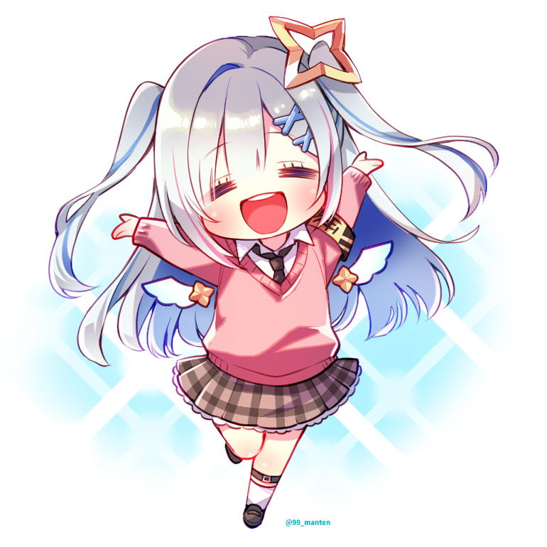 1girl, amane_kanata, armband, arms_up, blue_hair, blush, chibi, closed_eyes