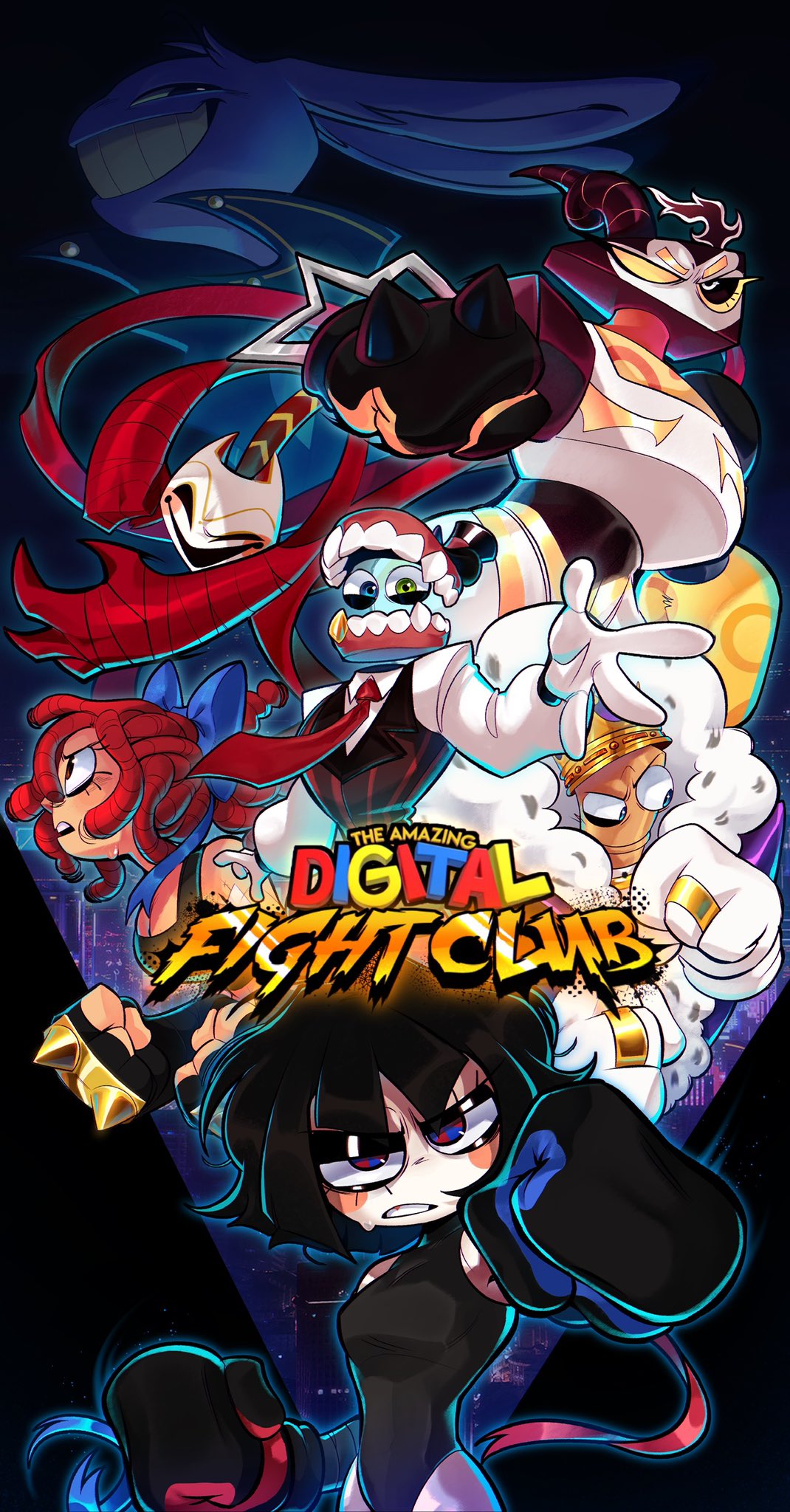 animal_ears, asymmetrical_gloves, black_background, blue_eyes, blue_gloves, boxing_gloves, caine_(the_amazing_digital_circus), chess_piece, colored_sclera, fur-trimmed_robe, fur_trim, gangle_(the_amazing_digital_circus), gloves, gold_teeth, hat, highres, jax_(the_amazing_digital_circus), king_(chess), kinger_(the_amazing_digital_circus), leotard, mismatched_gloves, multiple_boys, multiple_girls, pomni_(the_amazing_digital_circus), rabbit_boy, rabbit_ears, ragatha_(the_amazing_digital_circus), red_eyes, red_gloves, robe, short_hair, smile, teeth, the_amazing_digital_circus, theatre_mask, triangle_nose, zooble_(the_amazing_digital_circus)