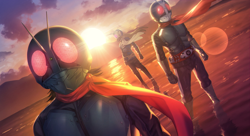 3boys, absurdres, antennae, armor, belt, black_coat, black_hair, boots