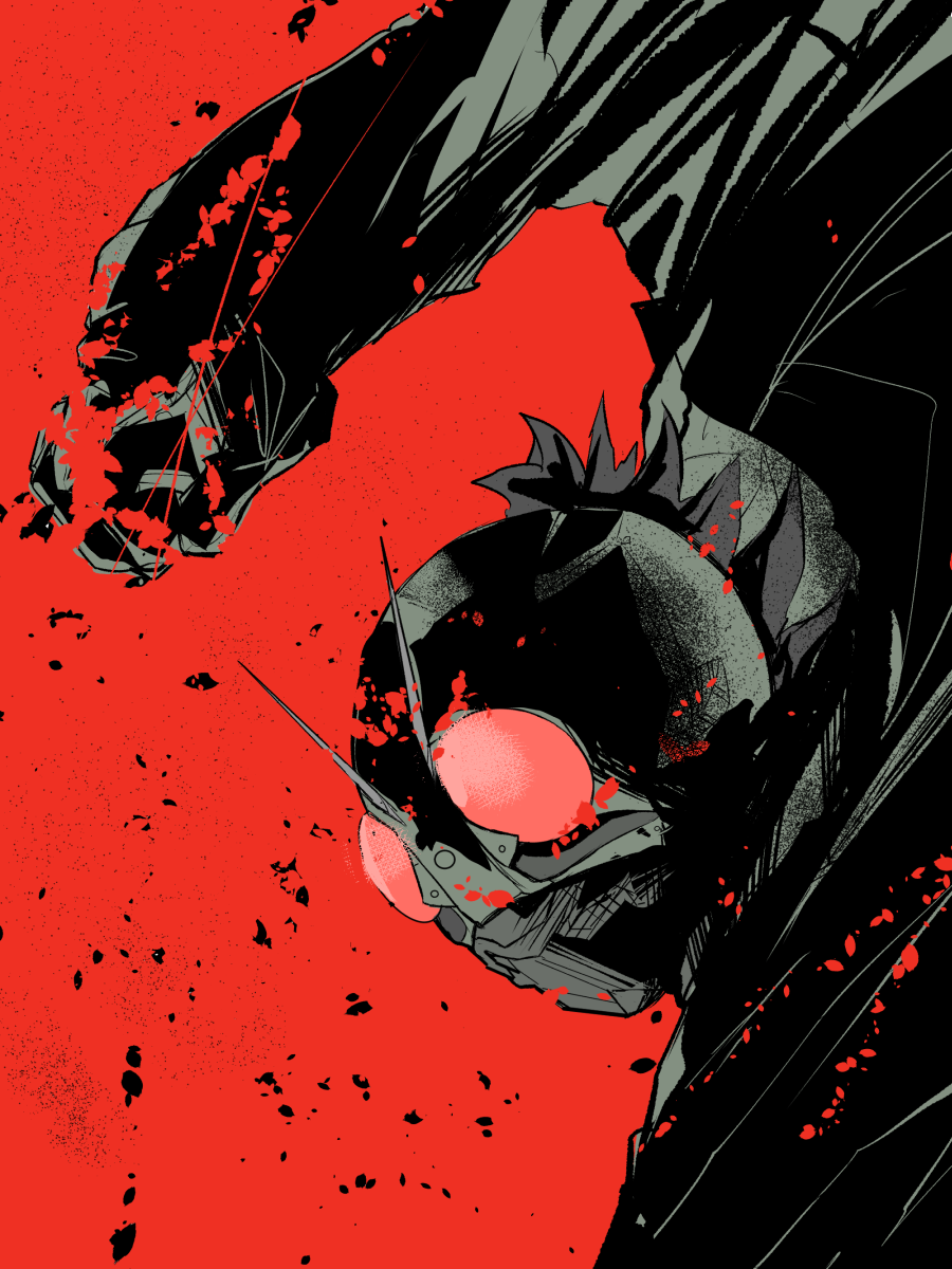 1boy, armor, black_hair, blood, blood_splatter, compound_eyes, glowing, glowing_eyes, green_armor, green_helmet, helmet, highres, kamen_rider, kamen_rider_1_(shin), limited_palette, male_focus, misuta-cyaperu, punching, red_eyes, shin_kamen_rider, short_hair, solo, tokusatsu