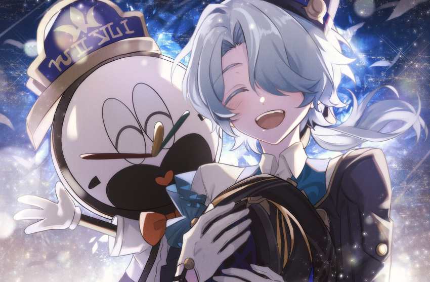1boy, 1other, black_jacket, blue_background, blue_hair, blue_shirt, clock, clockie_(honkai:_star_rail)