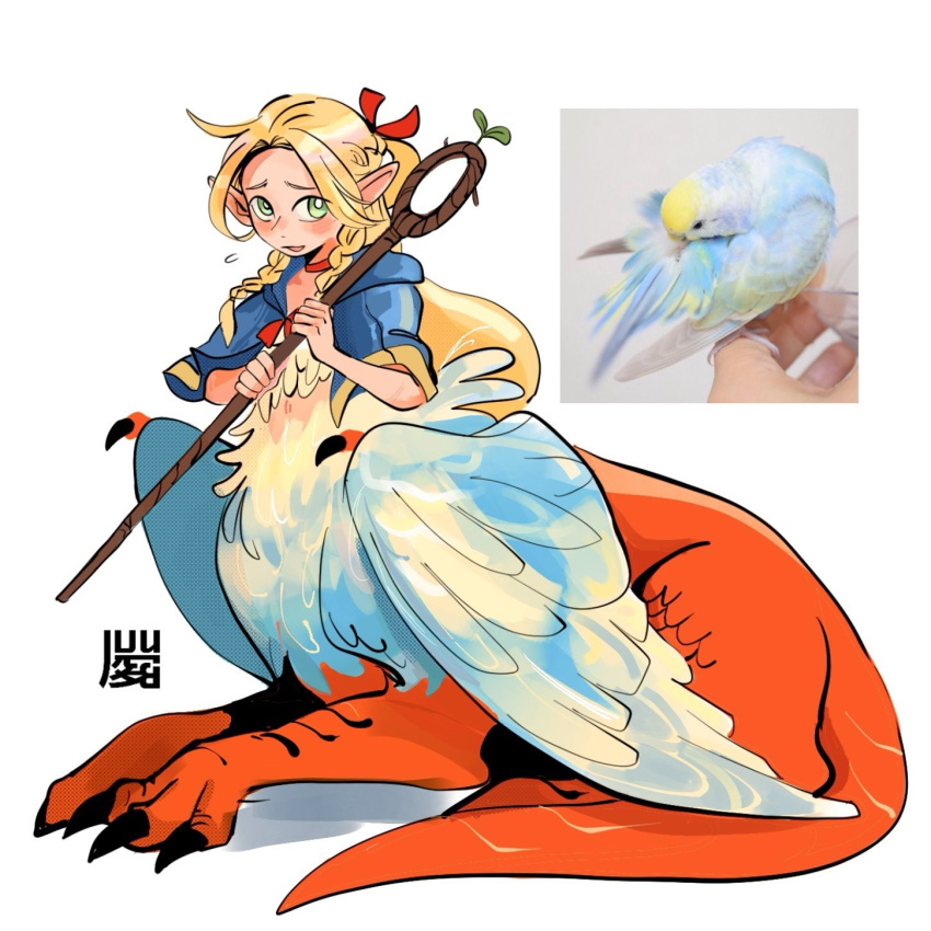 1girl, alternate_species, ambrosia_(dungeon_meshi), bird, bird_wings, blonde_hair, blue_capelet, braid
