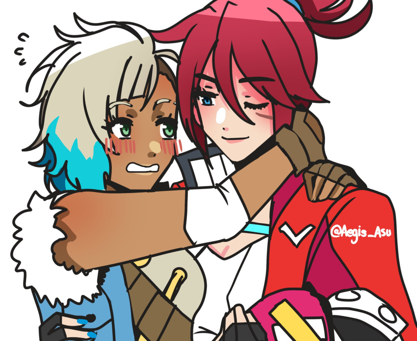 2girls, asukaaasuu, blue_eyes, blush, breasts, carrying, cropped_jacket, dark_skin