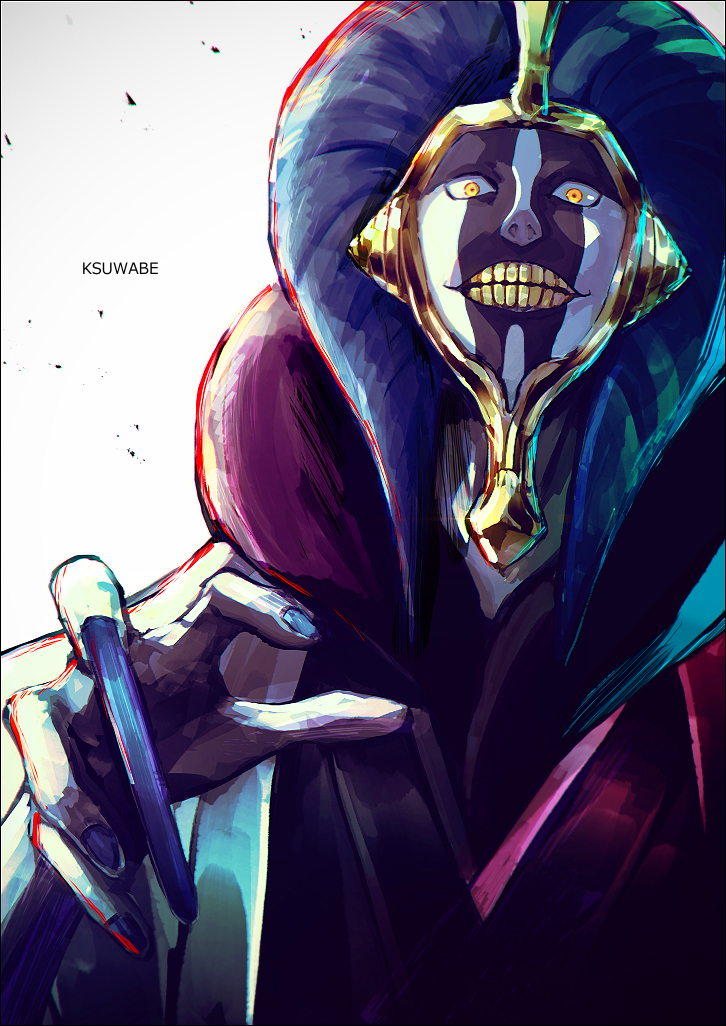 1boy, artist_name, black_nails, bleach, blue_horns, evil_grin, evil_smile, facepaint, faceplate, gold, grin, haori, horns, japanese_clothes, k-suwabe, kimono, kurotsuchi_mayuri, looking_at_viewer, male_focus, open_mouth, portrait, shaded_face, shinigami, single_long_fingernail, smile, solo, taichou_haori, yellow_eyes, yellow_teeth