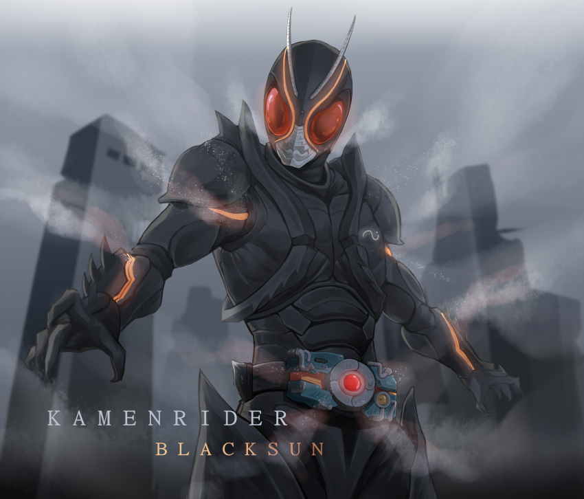 1boy, absurdres, antennae, armor, belt, black_armor, bug, century_king_sun_driver, character_name, glowing, glowing_eyes, grasshopper, highres, kamen_rider, kamen_rider_black_sun, kamen_rider_black_sun_(character), kingstone, kingstone_driver, looking_at_viewer, male_focus, organic, red_eyes, rider_belt, solo, spiked_armor, standing, steam, tokusatsu, unique_(pixiv12704744), upper_body