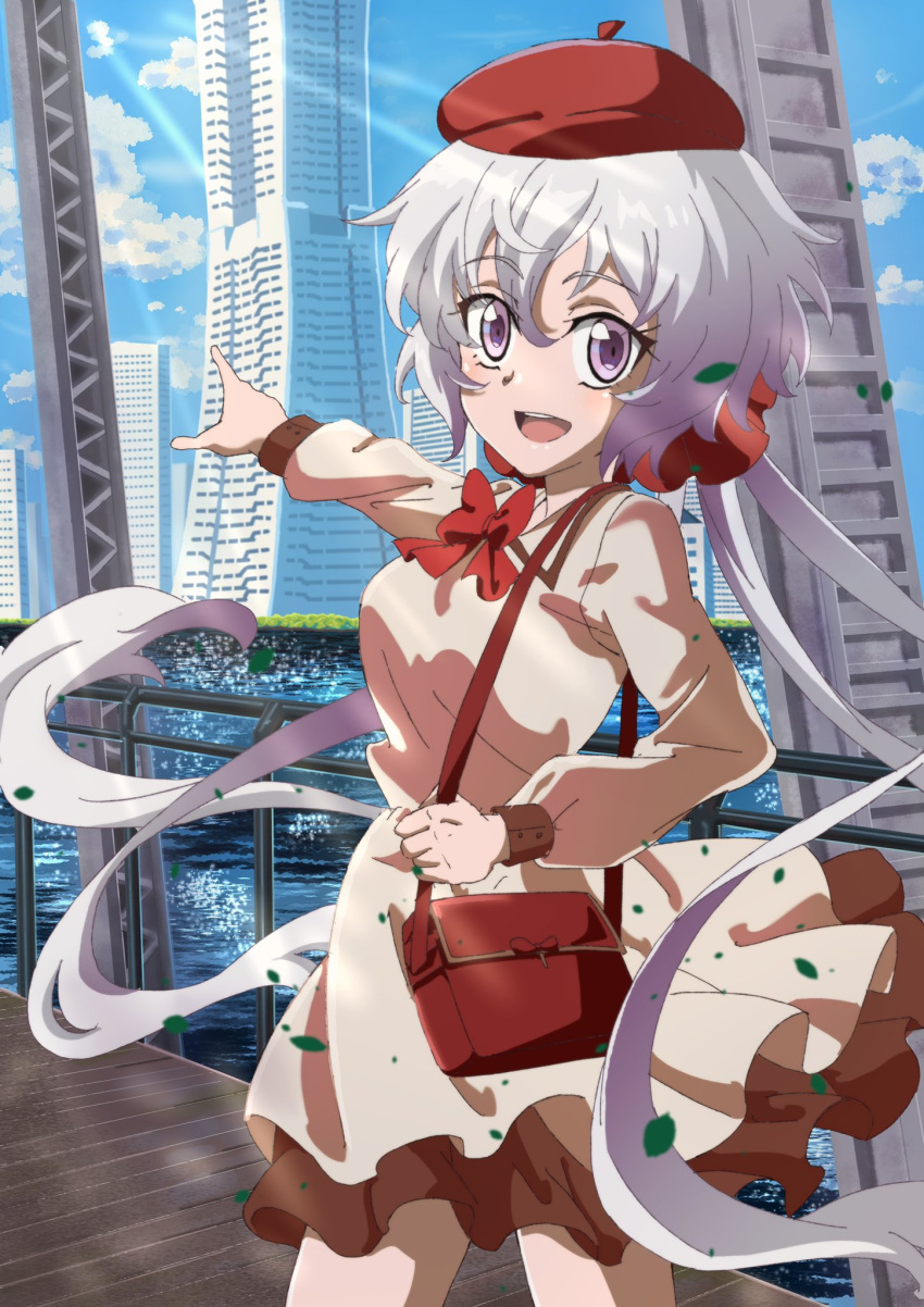 1girl, :d, bag, beret, bow, bowtie, breasts, brown_dress